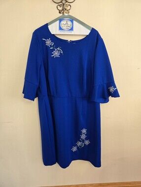 Betsey Johnson Royal Blue Midi Dress with White Floral Embroidery